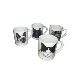 Lot of 4 Vintage Cindy Farmer Cat‎ Mugs 80s Drawing Black & White DESIGN